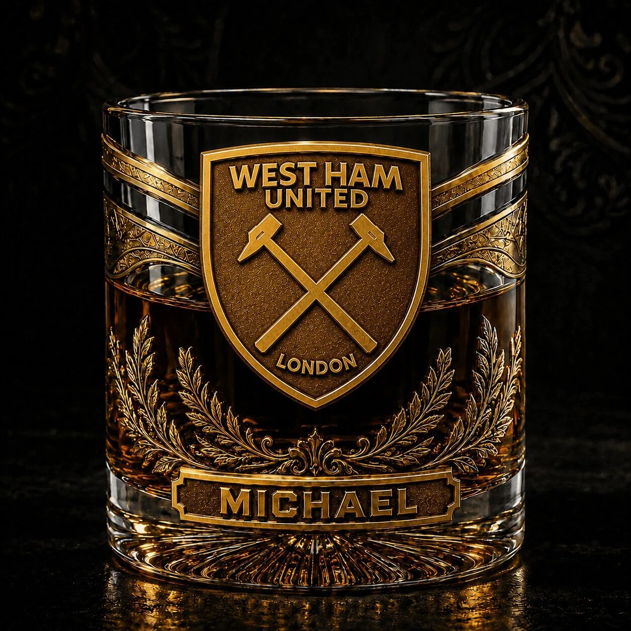 West Ham United Football Club Personalized Whiskey Glass, Custom Name Engraved Drinking Glass