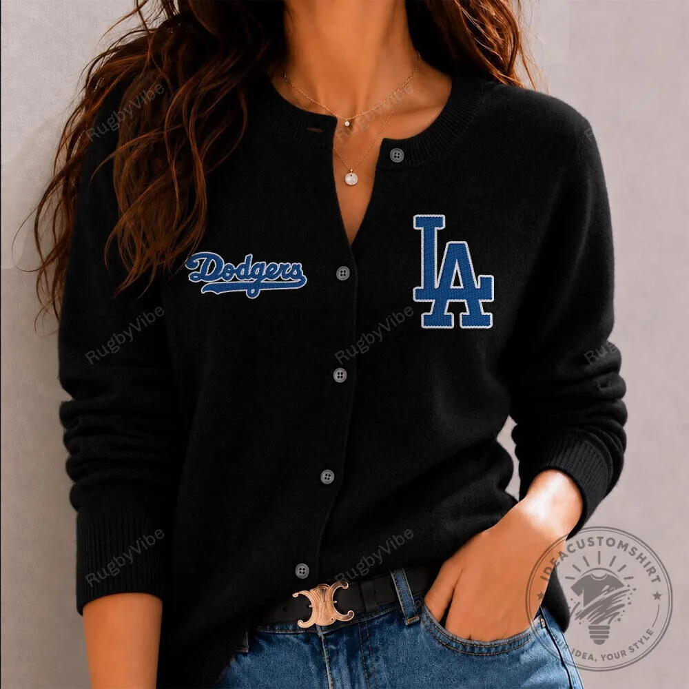 Los Angeles Dodgers Women's Black Cardigan Sweater with Embroidered Logo
