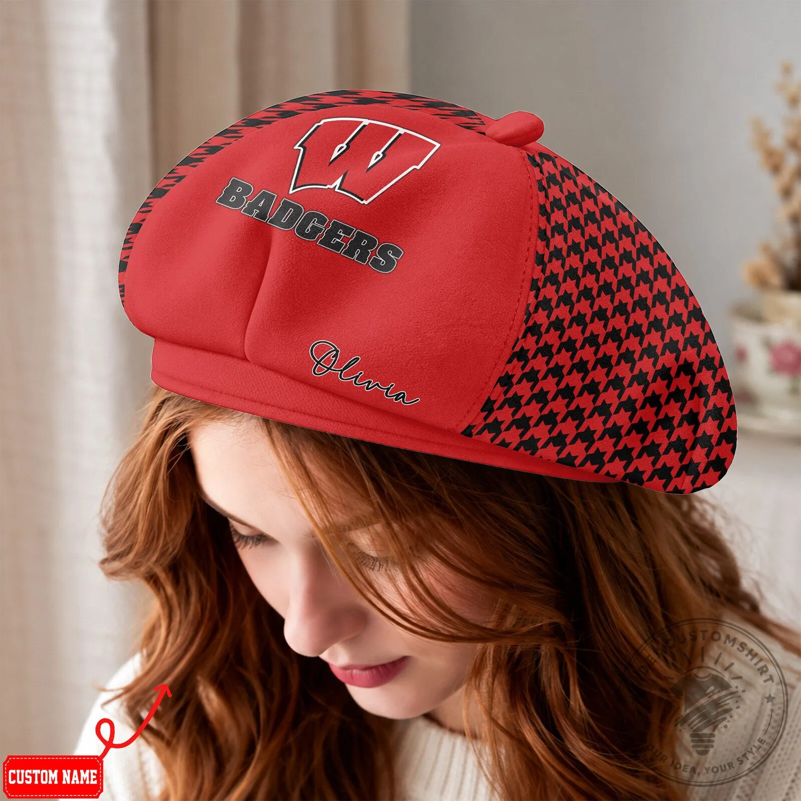 Wisconsin Badgers NCAA Personalized Red Houndstooth Beret Cap Hat