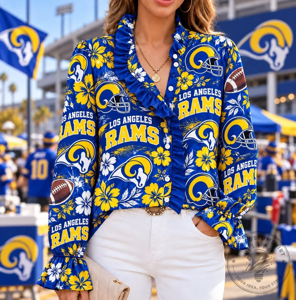 Los Angeles Rams Floral Hawaiian Ruffled Long-Sleeve Shirt for Women 29 Los Angeles Rams Floral Hawaiian Ruffled Long-Sleeve Shirt for Women