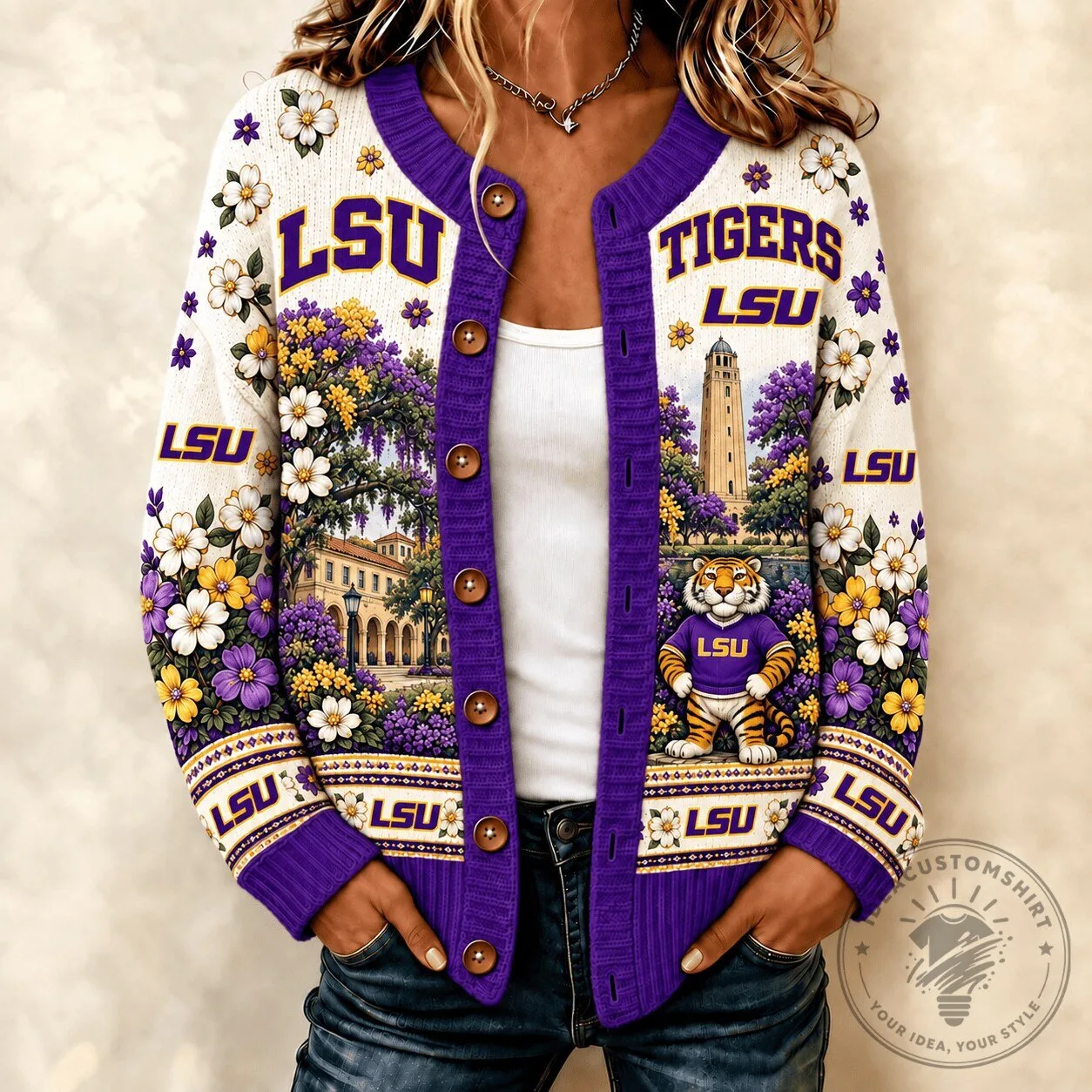 LSU Tigers NCAA Heritage Floral Cardigan Sweater