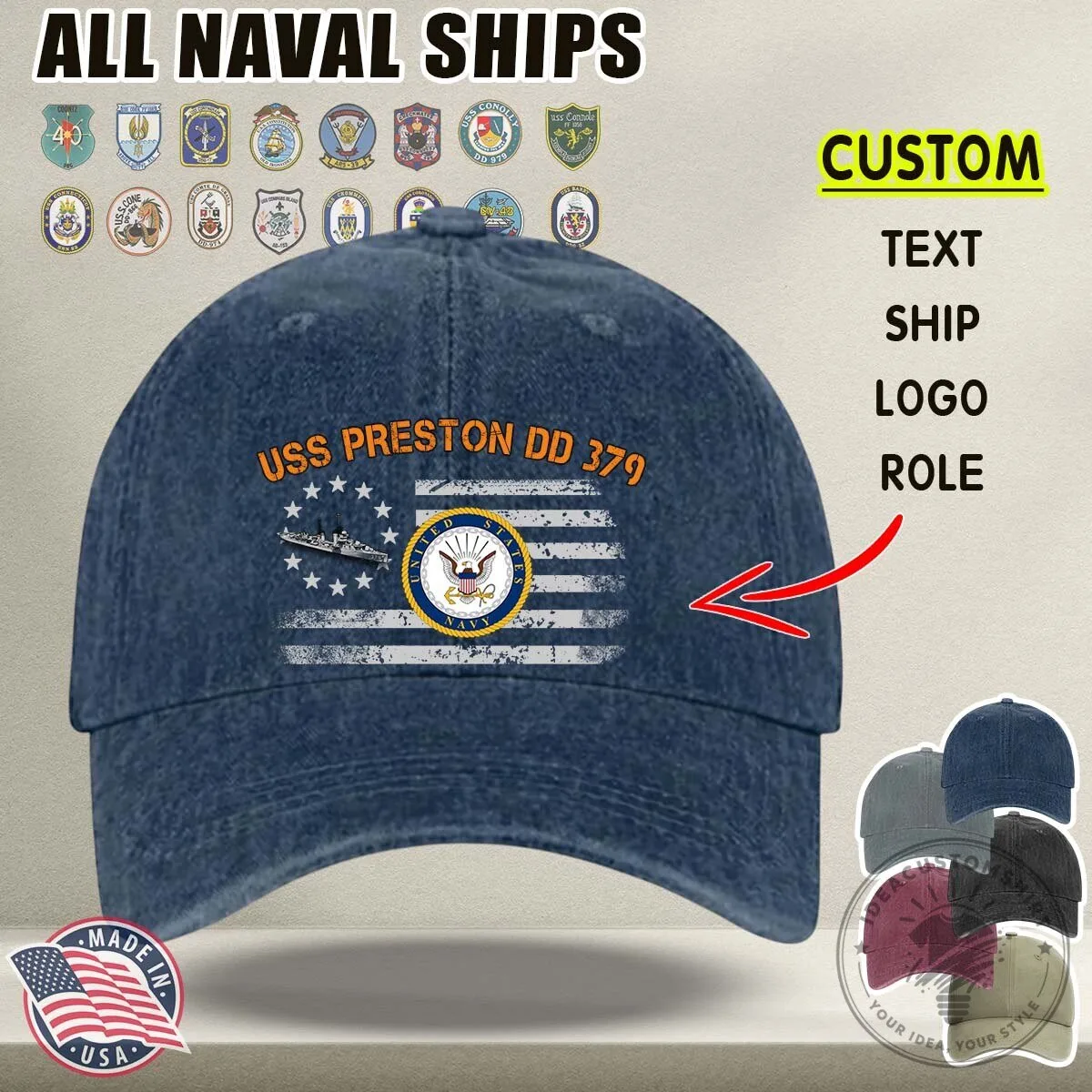 USS Preston DD 379 United States Navy Distressed American Flag Baseball Cap Hat