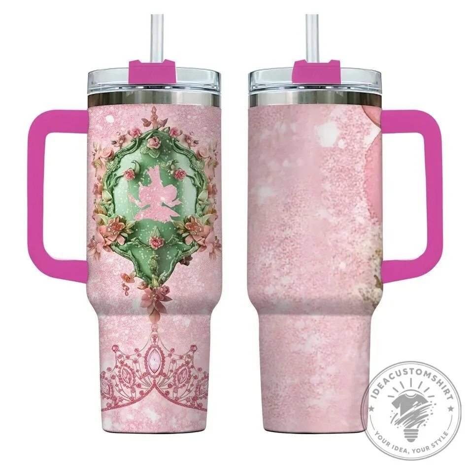 Pink Princess Crown Floral Glitter 40oz Tumbler with Handle and Straw