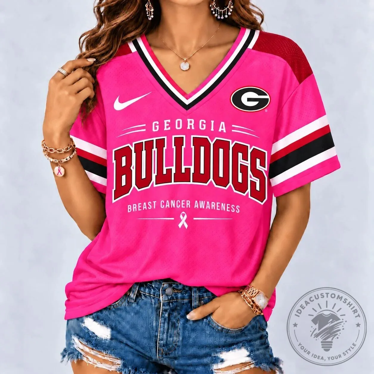Georgia Bulldogs Breast Cancer Awareness Pink V-Neck Football Jersey