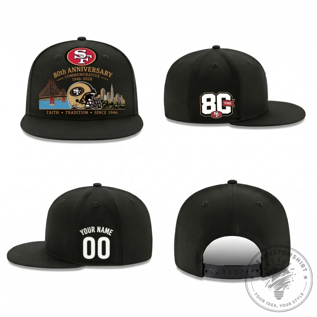 San Francisco 49ers 80th Anniversary Commemorative Black Personalized Snapback Cap Hat San Francisco 49ers 80th Anniversary Commemorative Black Personalized Snapback Cap Hat