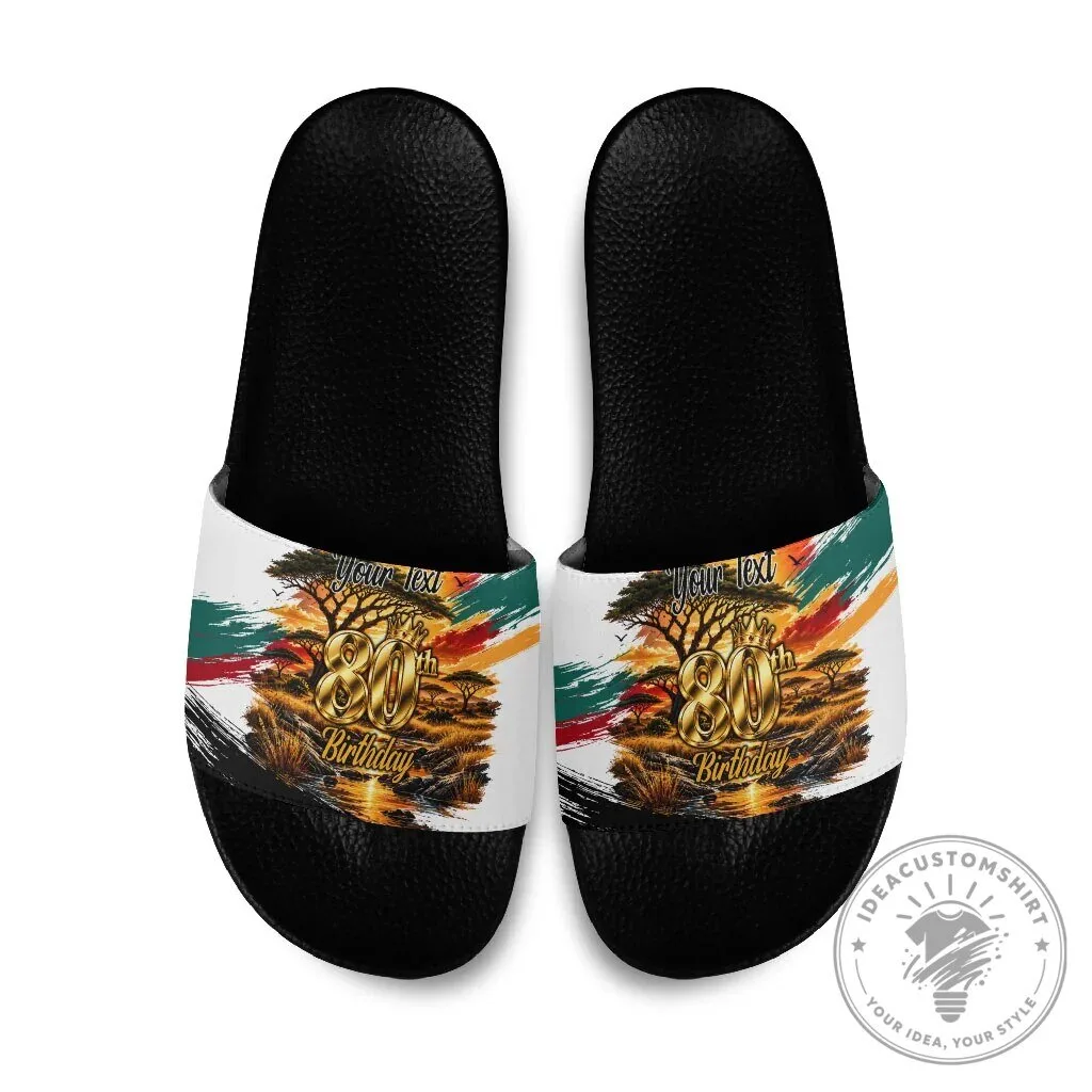 Personalized 80th Birthday African Safari Sunset Savanna Landscape Slide Sandals