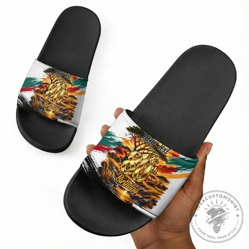 Personalized 80th Birthday African Safari Sunset Savanna Landscape Slide Sandals 11 Personalized 80th Birthday African Safari Sunset Savanna Landscape Slide Sandals