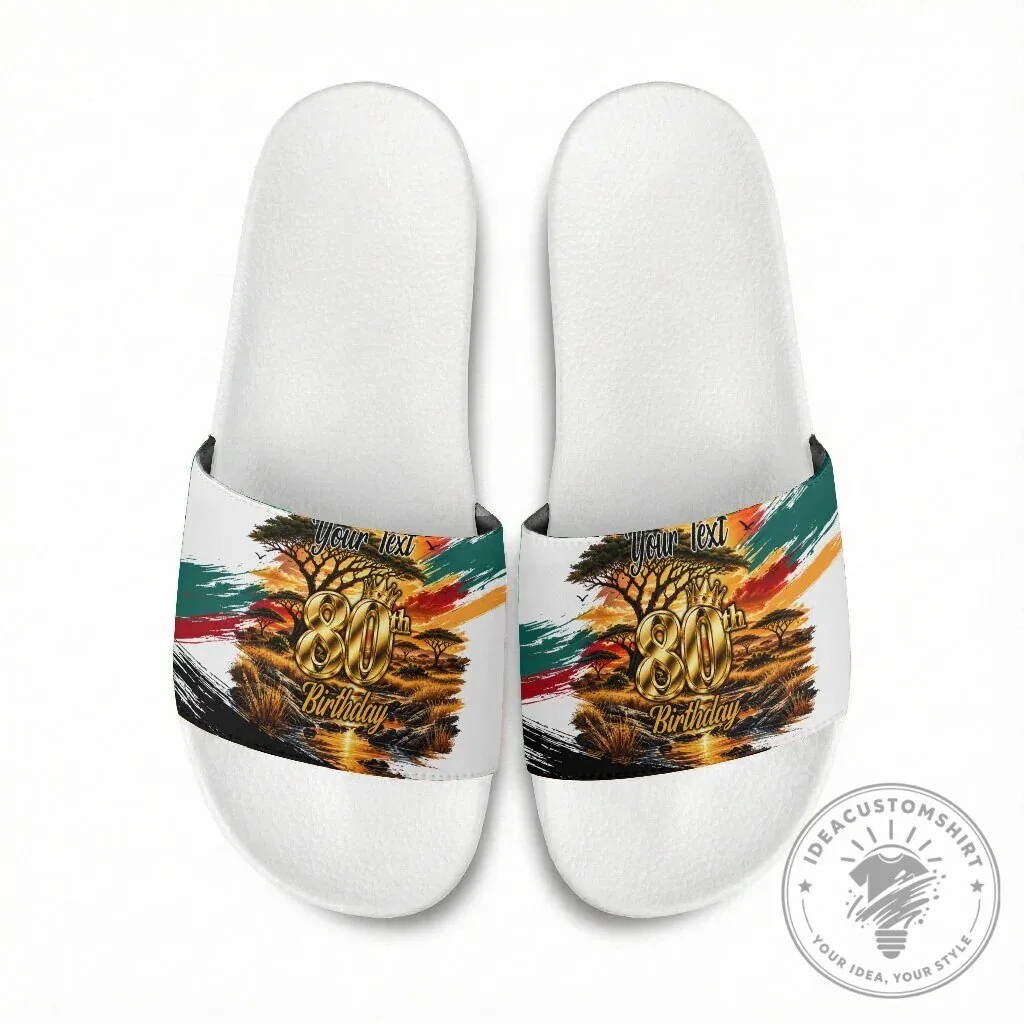 Personalized 80th Birthday African Safari Sunset Savanna Landscape Slide Sandals 12 Personalized 80th Birthday African Safari Sunset Savanna Landscape Slide Sandals