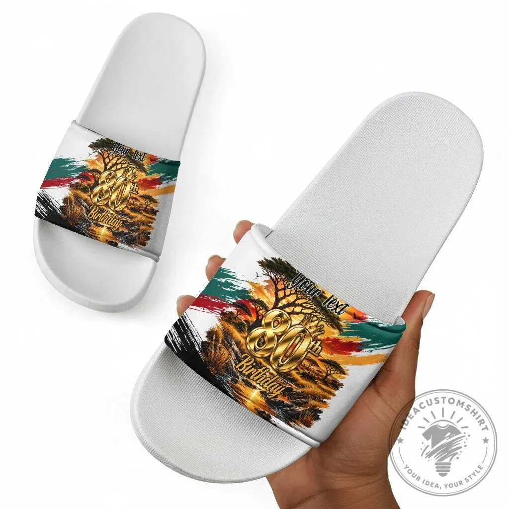 Personalized 80th Birthday African Safari Sunset Savanna Landscape Slide Sandals 13 Personalized 80th Birthday African Safari Sunset Savanna Landscape Slide Sandals
