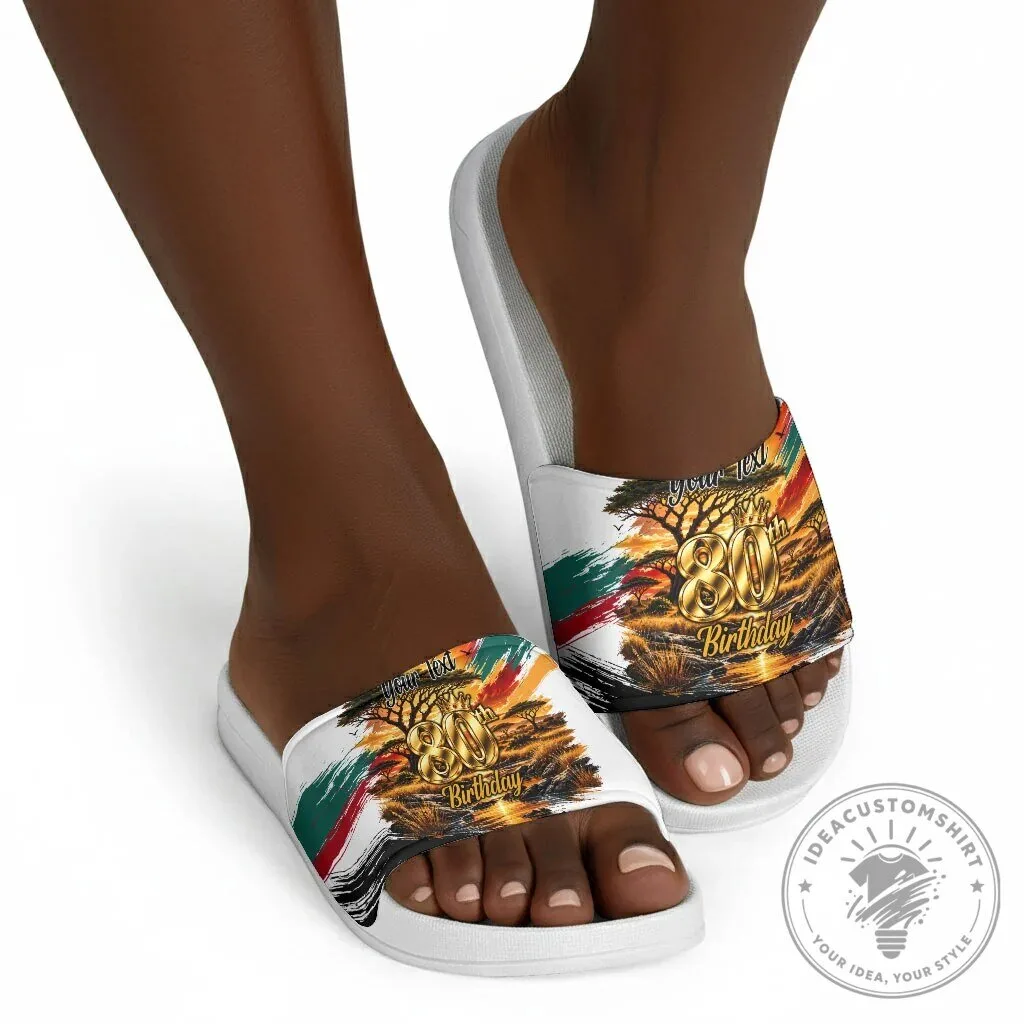 Personalized 80th Birthday African Safari Sunset Savanna Landscape Slide Sandals 14 Personalized 80th Birthday African Safari Sunset Savanna Landscape Slide Sandals