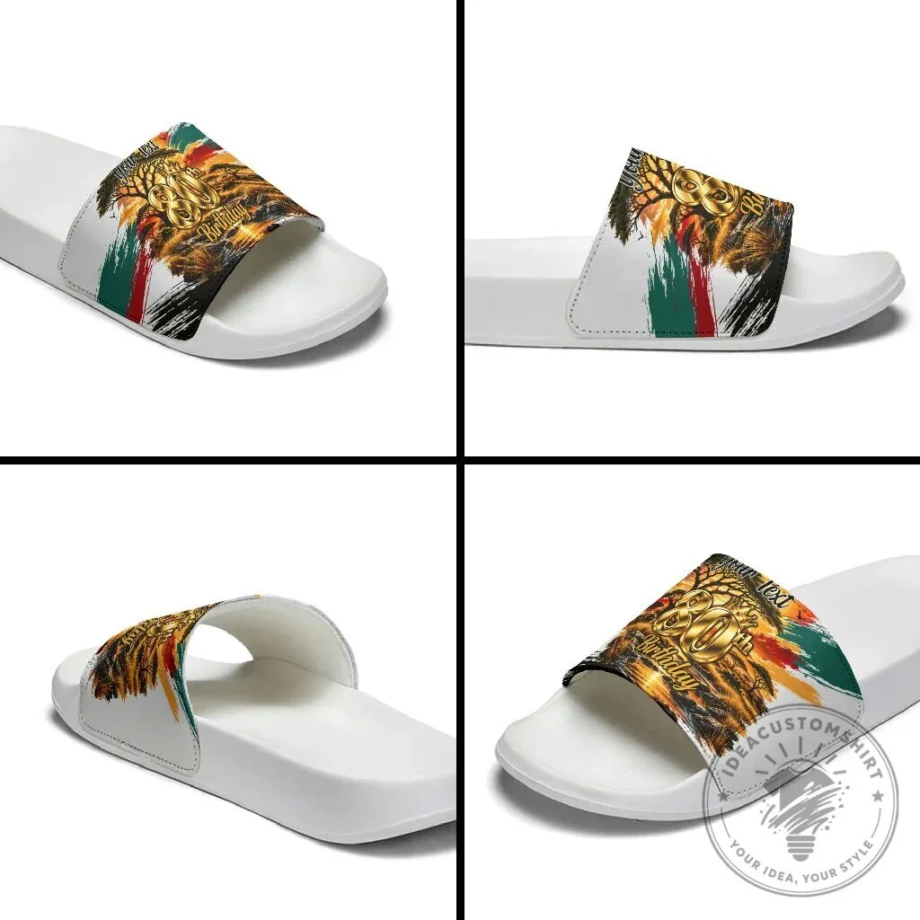 Personalized 80th Birthday African Safari Sunset Savanna Landscape Slide Sandals 15 Personalized 80th Birthday African Safari Sunset Savanna Landscape Slide Sandals