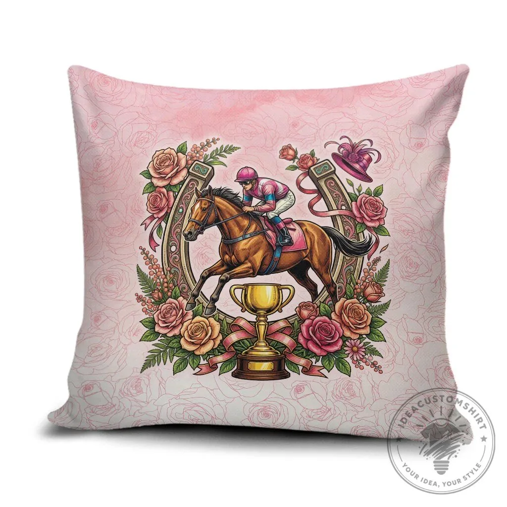 Melbourne Horse Racing Jockey and Floral Horseshoe Pink Rose Throw Pillow