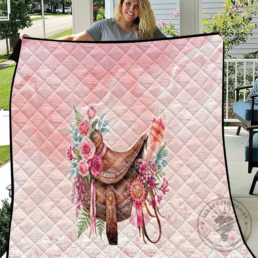 Pink Horse Saddle Floral Quilted Blanket with Roses and Waxflower Design 1 Pink Horse Saddle Floral Quilted Blanket with Roses and Waxflower Design