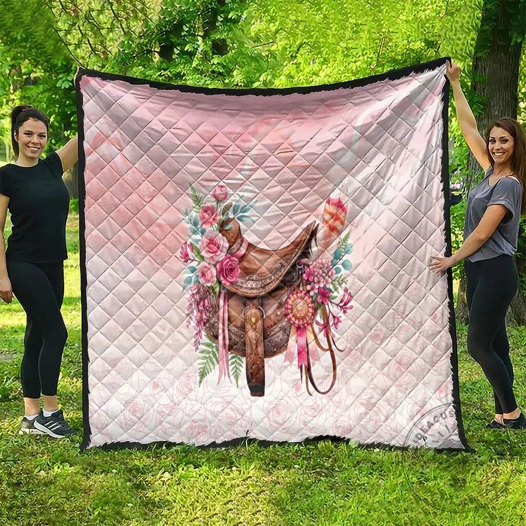 Pink Horse Saddle Floral Quilted Blanket with Roses and Waxflower Design 11 Pink Horse Saddle Floral Quilted Blanket with Roses and Waxflower Design