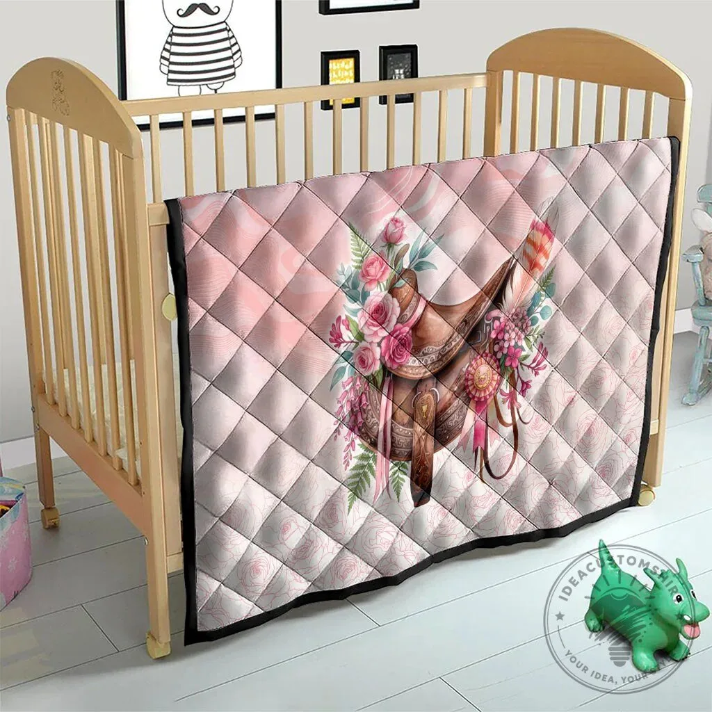 Pink Horse Saddle Floral Quilted Blanket with Roses and Waxflower Design 17 Pink Horse Saddle Floral Quilted Blanket with Roses and Waxflower Design