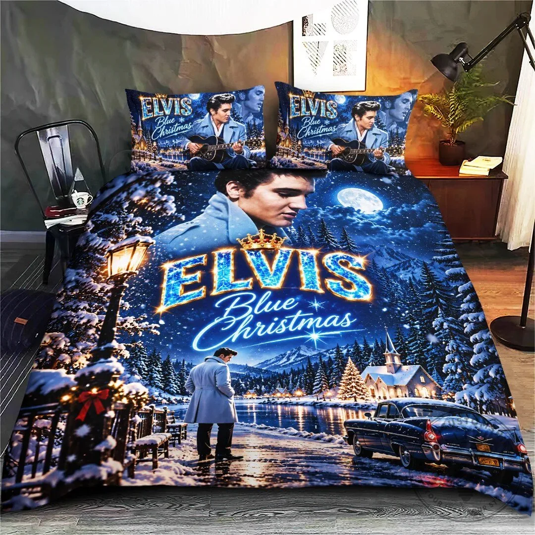 Elvis Presley Blue Christmas Winter Wonderland Bedding Set