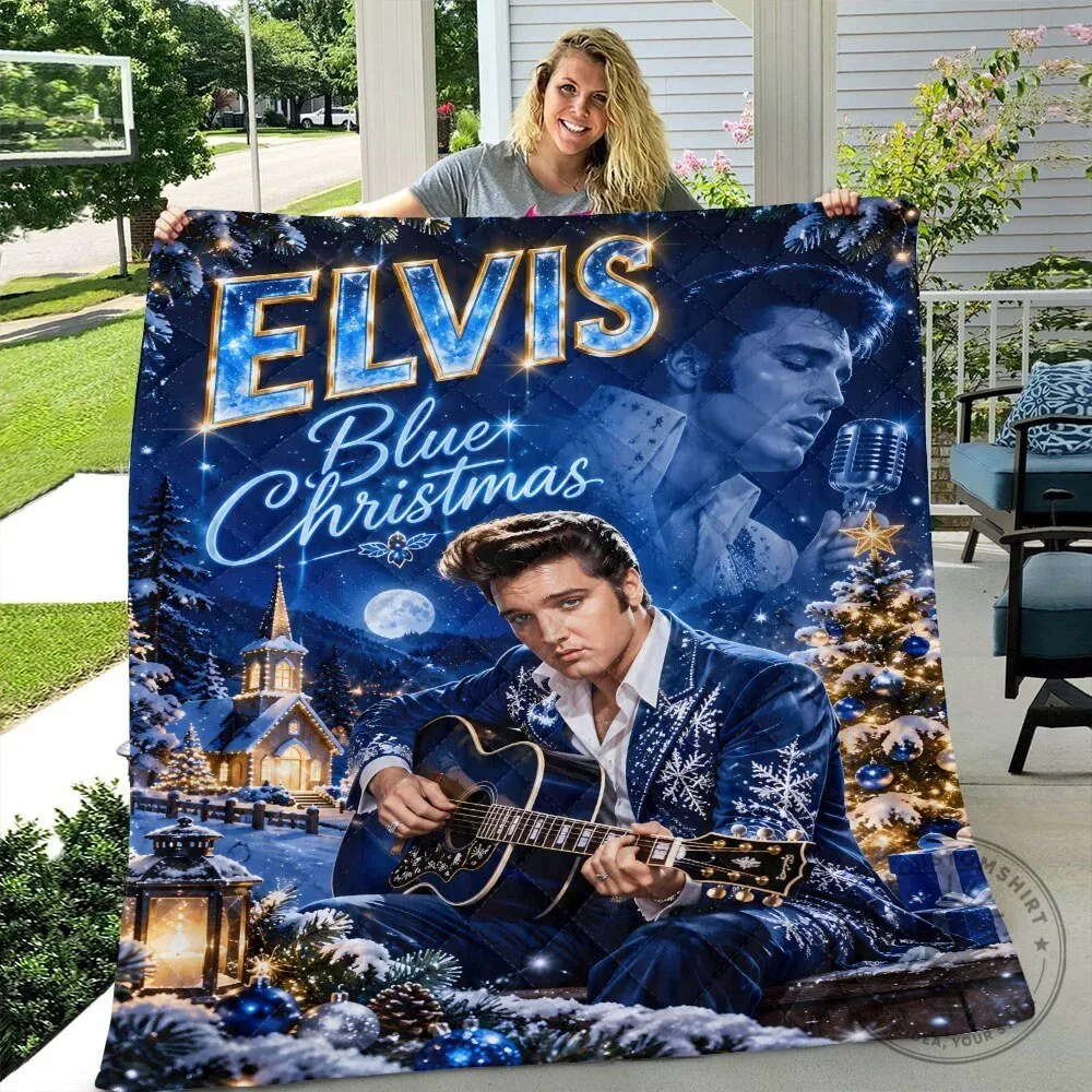 Elvis Presley Blue Christmas Holiday Quilted Blanket
