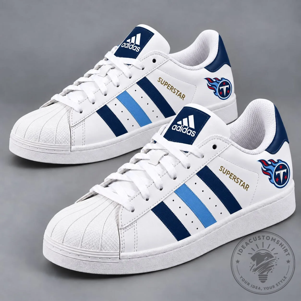 Tennessee Titans NFL Team Logo White and Blue Stripes Superstar Shoes