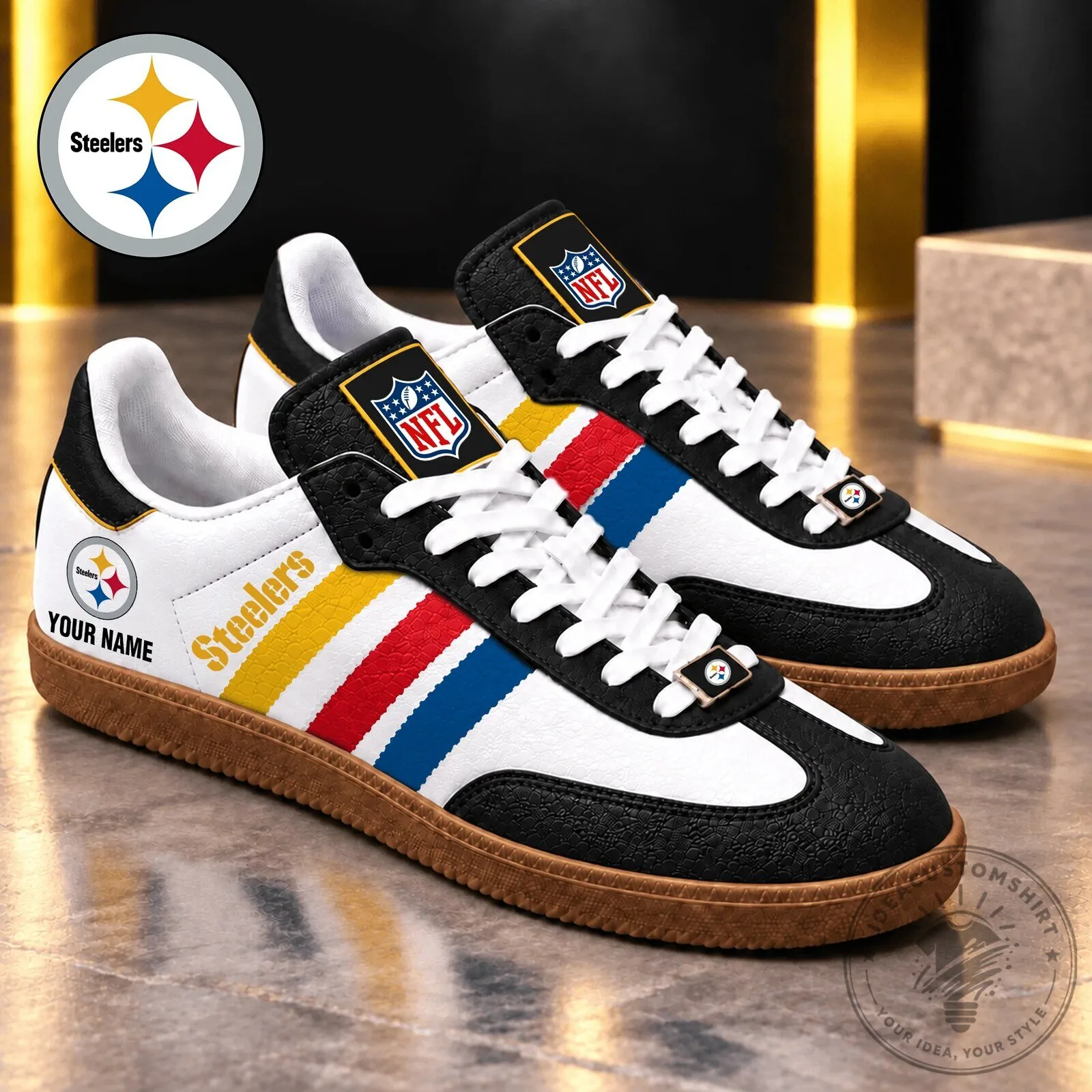 Pittsburgh Steelers NFL Custom Name White Black Yellow Red Blue Stripes Shoes