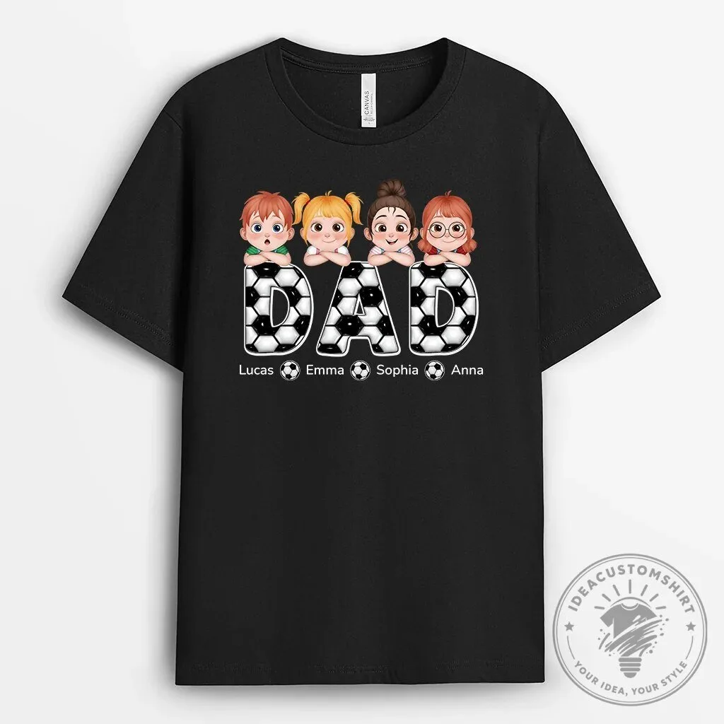 Personalized Dad Soccer Kids Names Black T-Shirt for Father's Day Gift