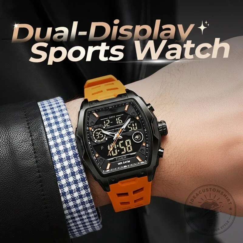 Men's Dual Display Sports Watch with Luminous Dial and Orange Strap