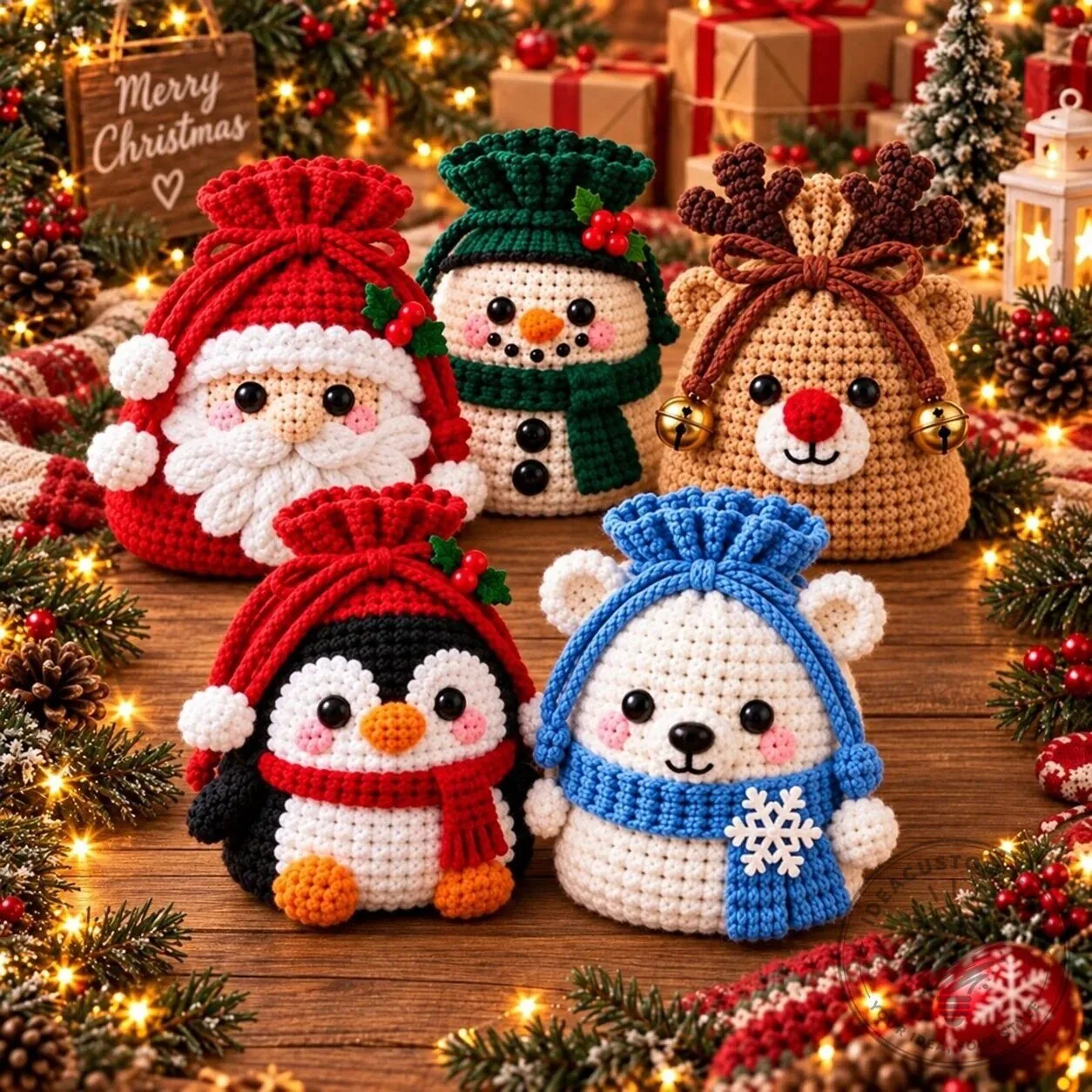 Christmas Crochet Santa Claus Snowman Reindeer Penguin Polar Bear Gift Bag