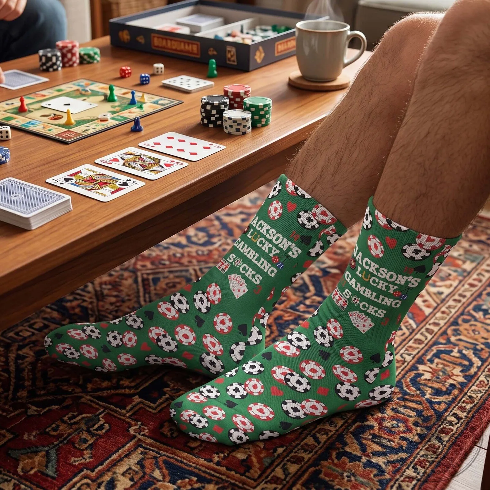 Personalized Lucky Gambling Socks with Poker Chips and Playing Card Design 1 Personalized Lucky Gambling Socks with Poker Chips and Playing Card Design