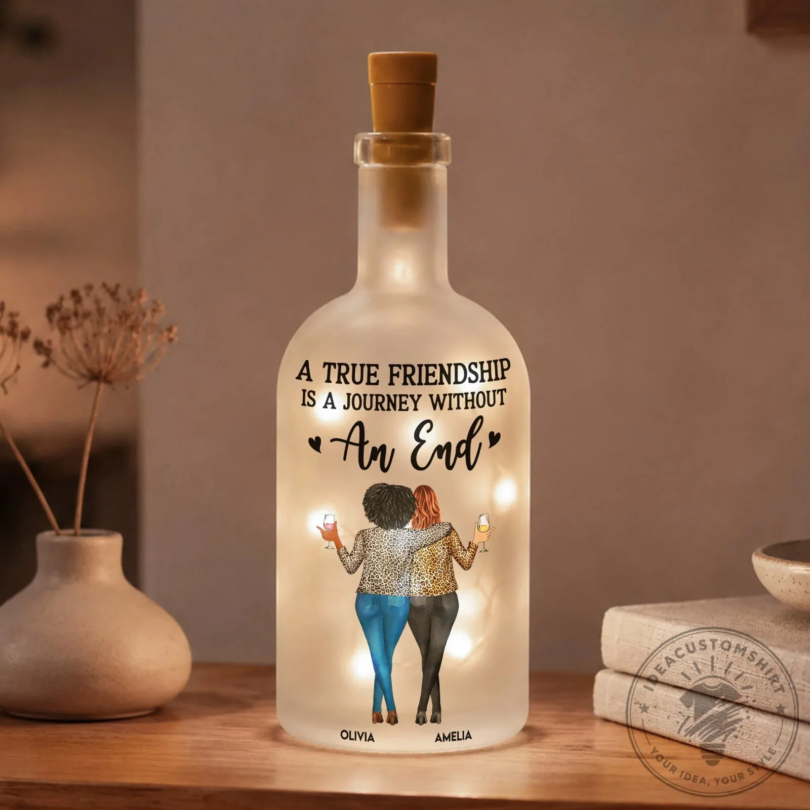 Personalized Friendship Quote Light Up Bottle Lamp for Best Friends Soul Sisters