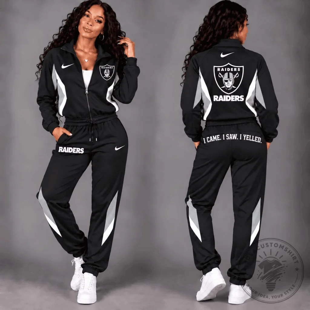 Las Vegas Raiders Women's Black Tracksuit Full Zip Jacket and Pants Set Las Vegas Raiders Women's Black Tracksuit Full Zip Jacket and Pants Set