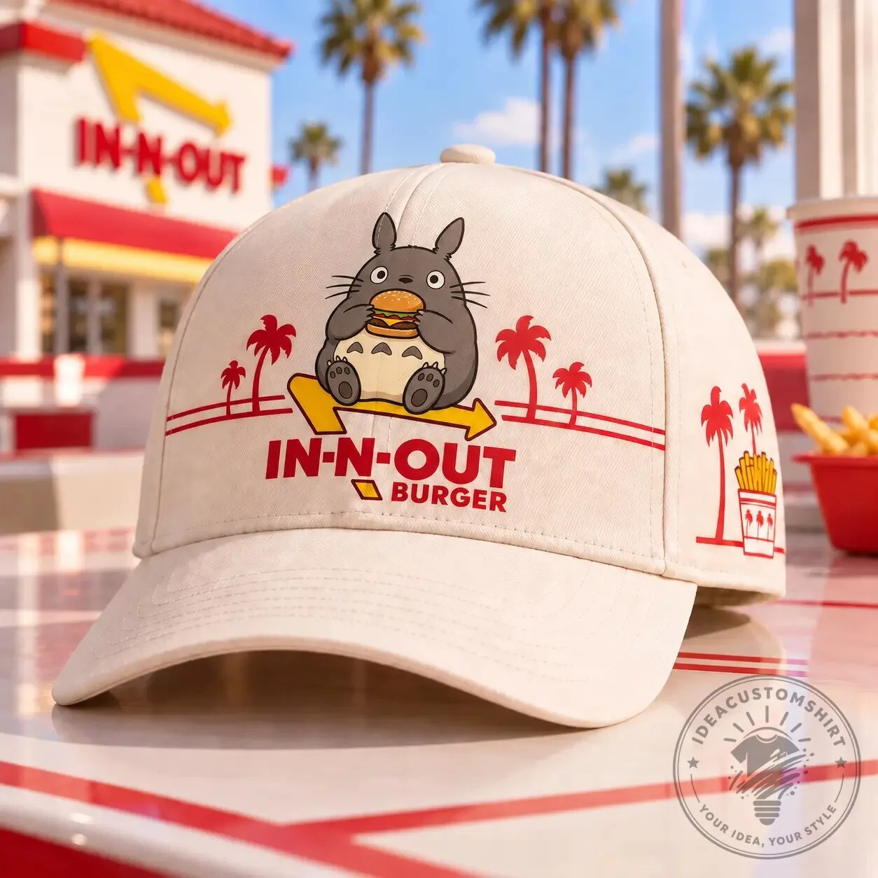 In-N-Out Burger Totoro Eating Hamburger Palm Tree Graphic Print Baseball Cap Hat 4 In-N-Out Burger Totoro Eating Hamburger Palm Tree Graphic Print Baseball Cap Hat