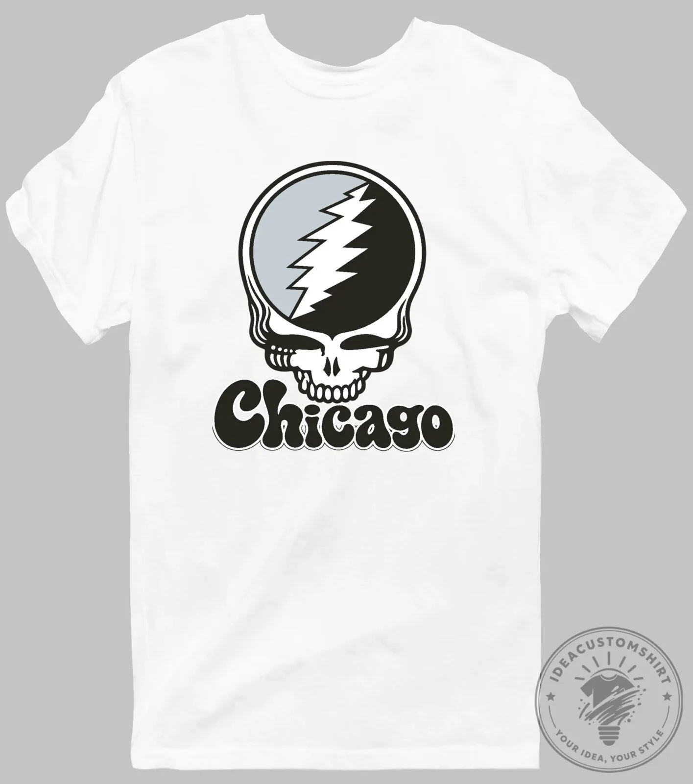 Grateful Dead Chicago Stealie Skull Logo Music Fan White T-Shirt