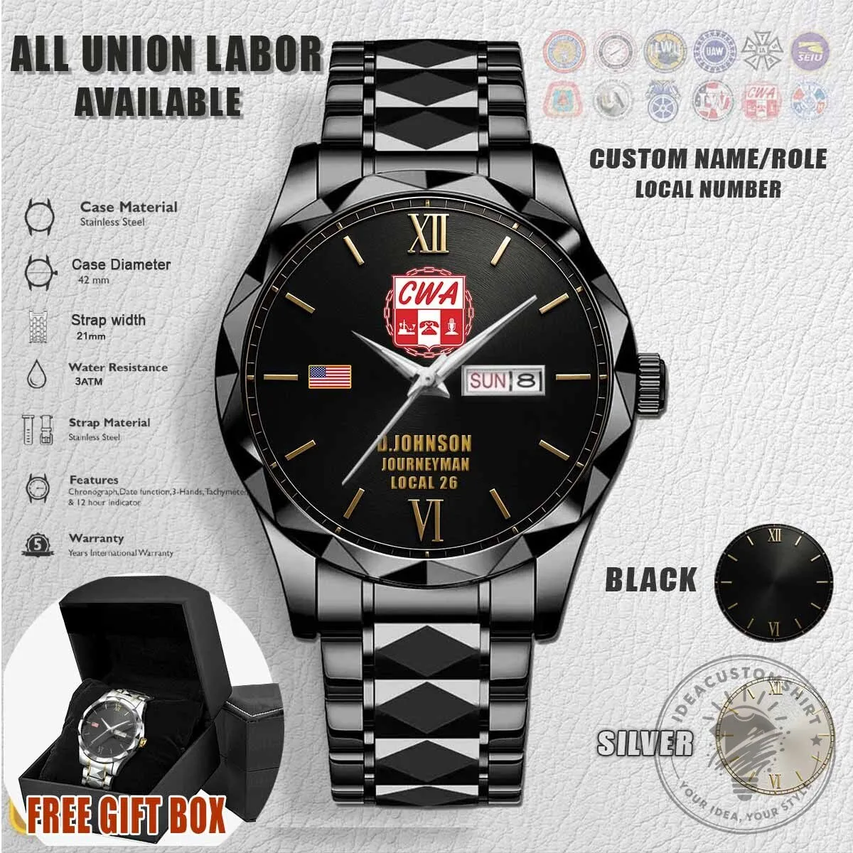 Communications Workers of America CWA Union Stainless Steel Watch