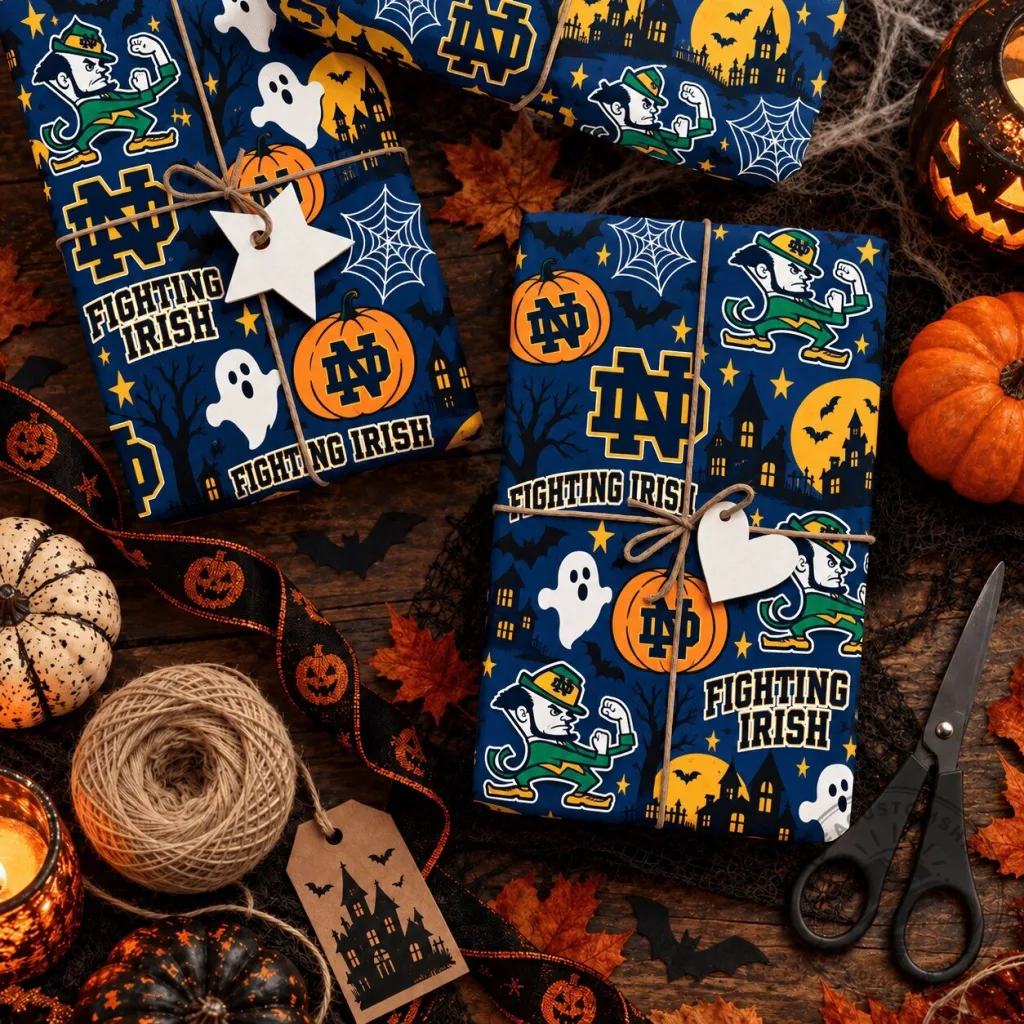 Notre Dame Fighting Irish Halloween Spooky Night Pattern Premium Wrapping Paper Notre Dame Fighting Irish Halloween Spooky Night Pattern Premium Wrapping Paper
