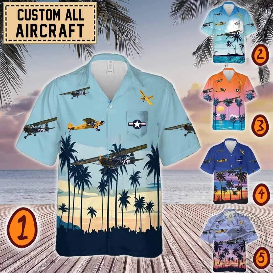 Piper J-3 Cub Airplane Tropical Palm Tree Beach Hawaiian Shirt