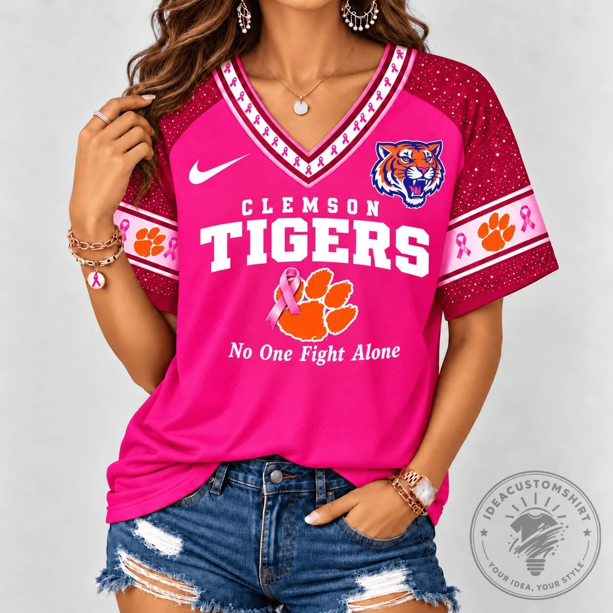 Clemson Tigers Breast Cancer Awareness No One Fights Alone V-Neck T-Shirt 2 Clemson Tigers Breast Cancer Awareness No One Fights Alone V-Neck T-Shirt