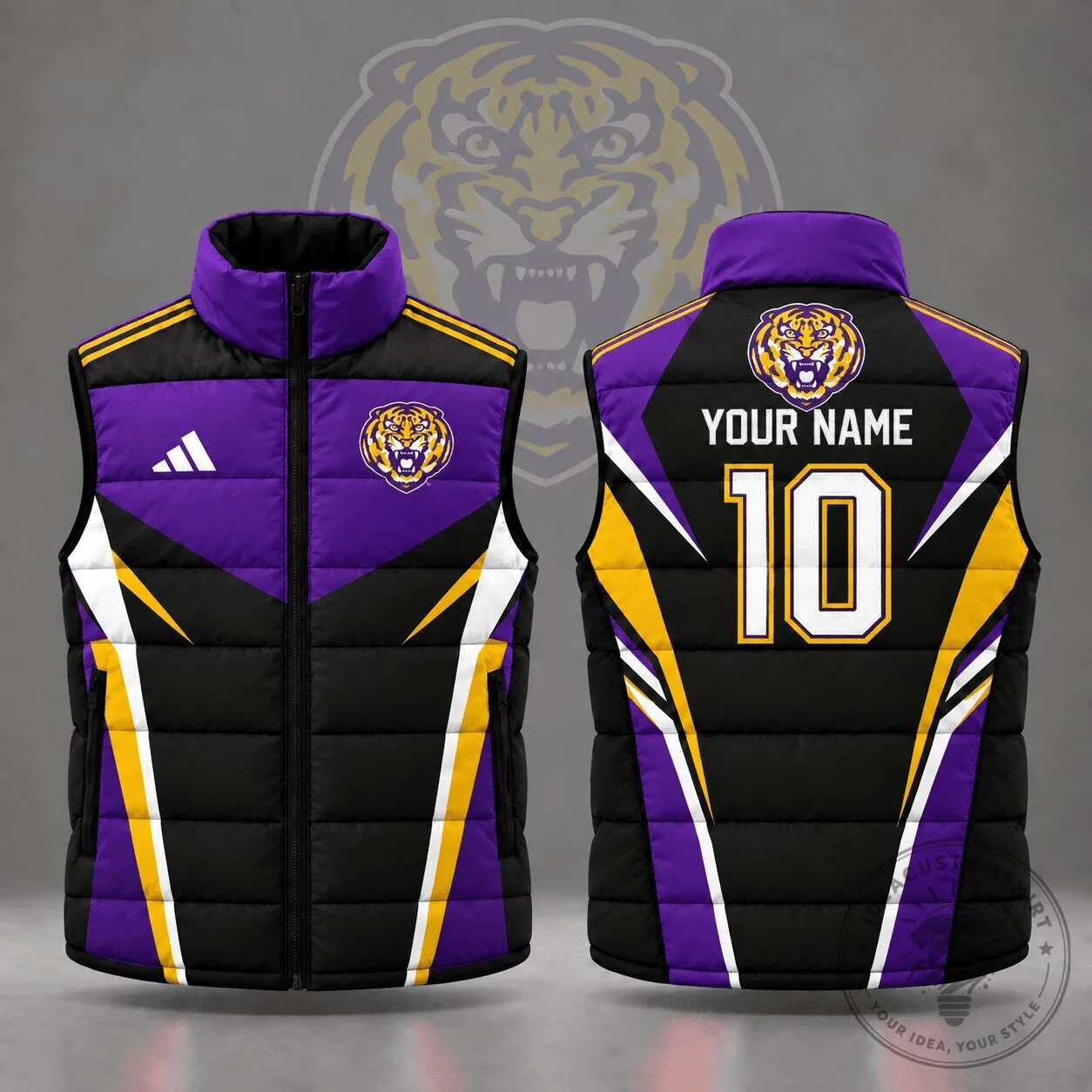 LSU Tigers Custom Name Number Geometric Colorblock Full Zip Puffer Vest