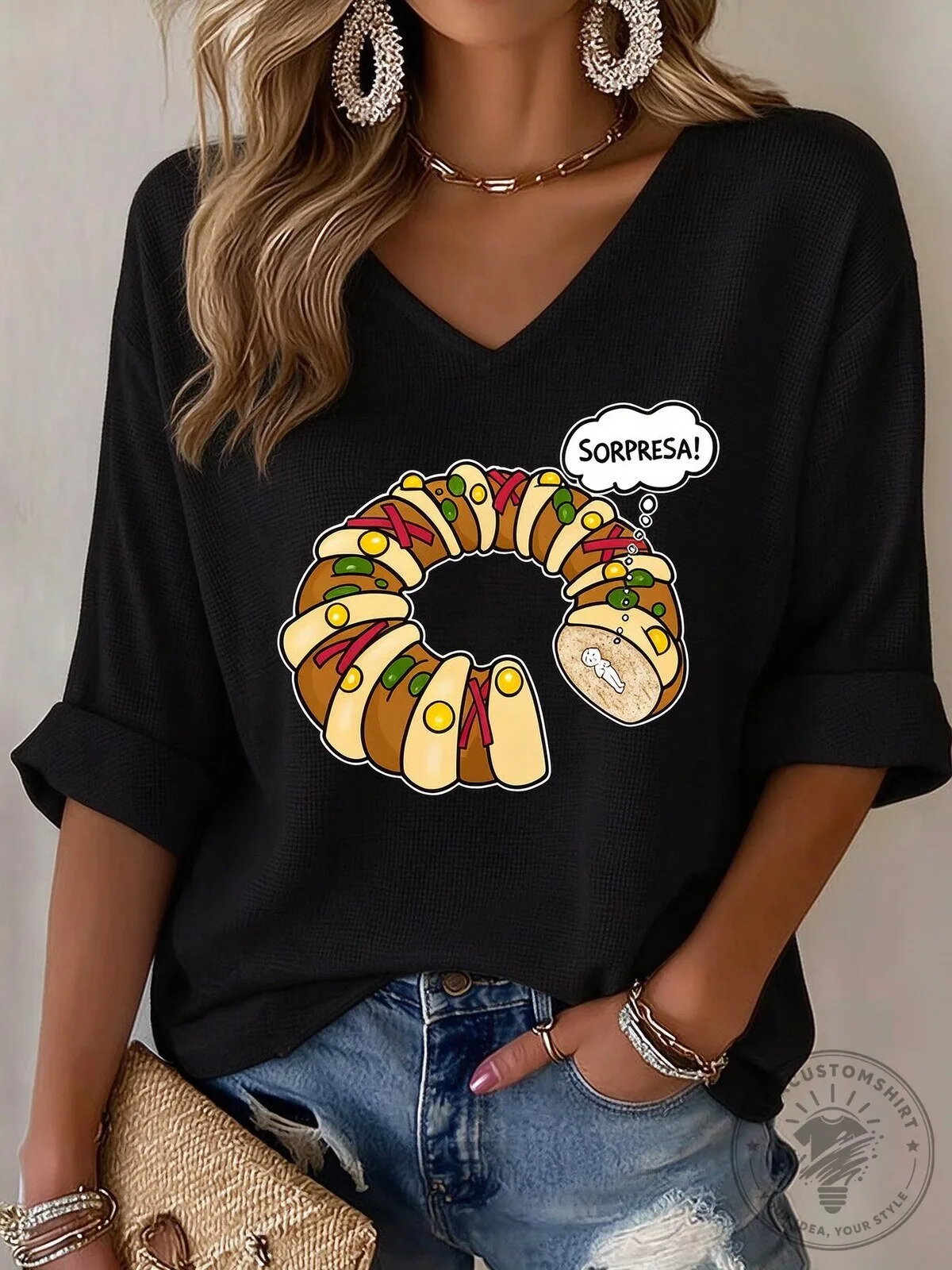 Guadalupe Reyes Marathon Rosca de Reyes Sorpresa Waffle Knit Long Sleeve T-Shirt