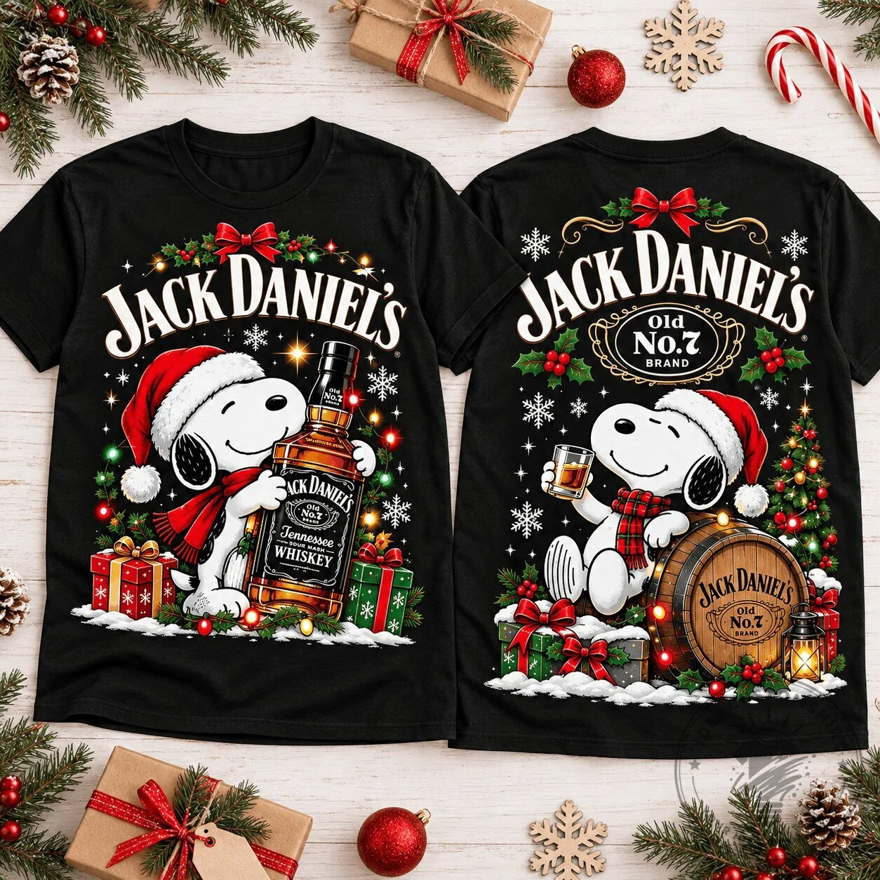 Jack Daniel's Snoopy Christmas Holiday Tennessee Whiskey Black T-Shirt