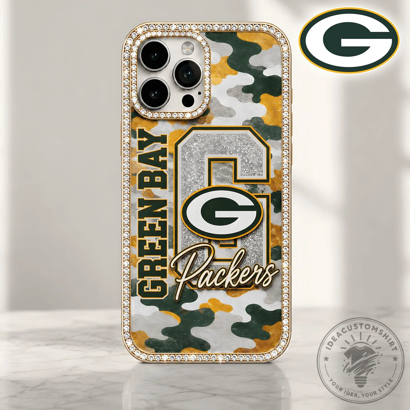 Green Bay Packers Camouflage Bling Gold Trim Diamond Phone Case 3 Green Bay Packers Camouflage Bling Gold Trim Diamond Phone Case