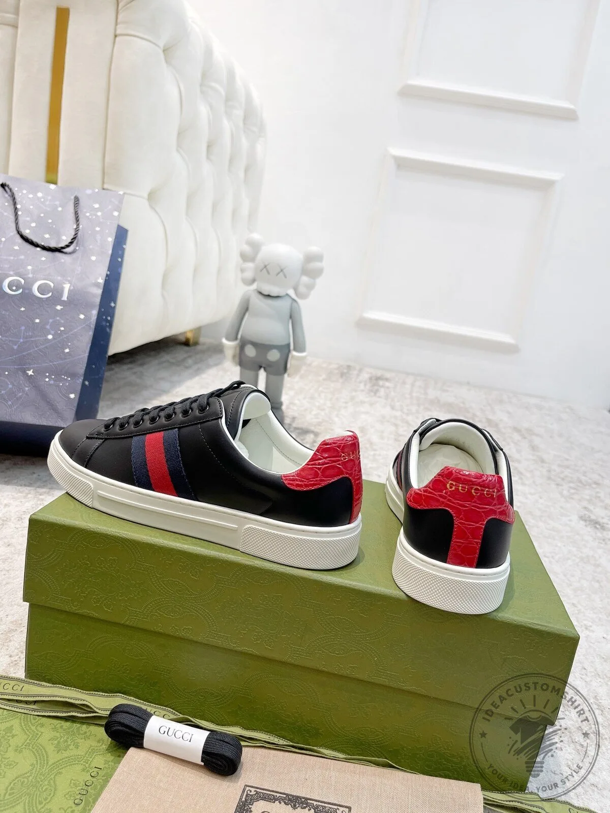 Gucci Ace Embroidered Bee Black Leather Red Crocodile Heel Detail Sneakers
