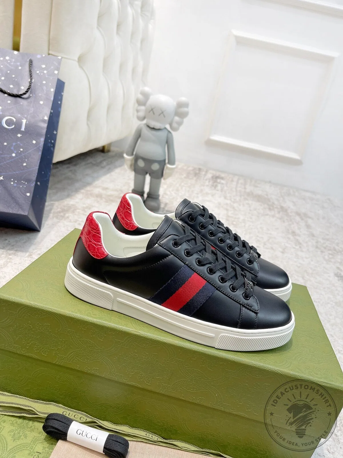 Gucci Ace Embroidered Bee Black Leather Red Crocodile Heel Detail Sneakers 10 Gucci Ace Embroidered Bee Black Leather Red Crocodile Heel Detail Sneakers