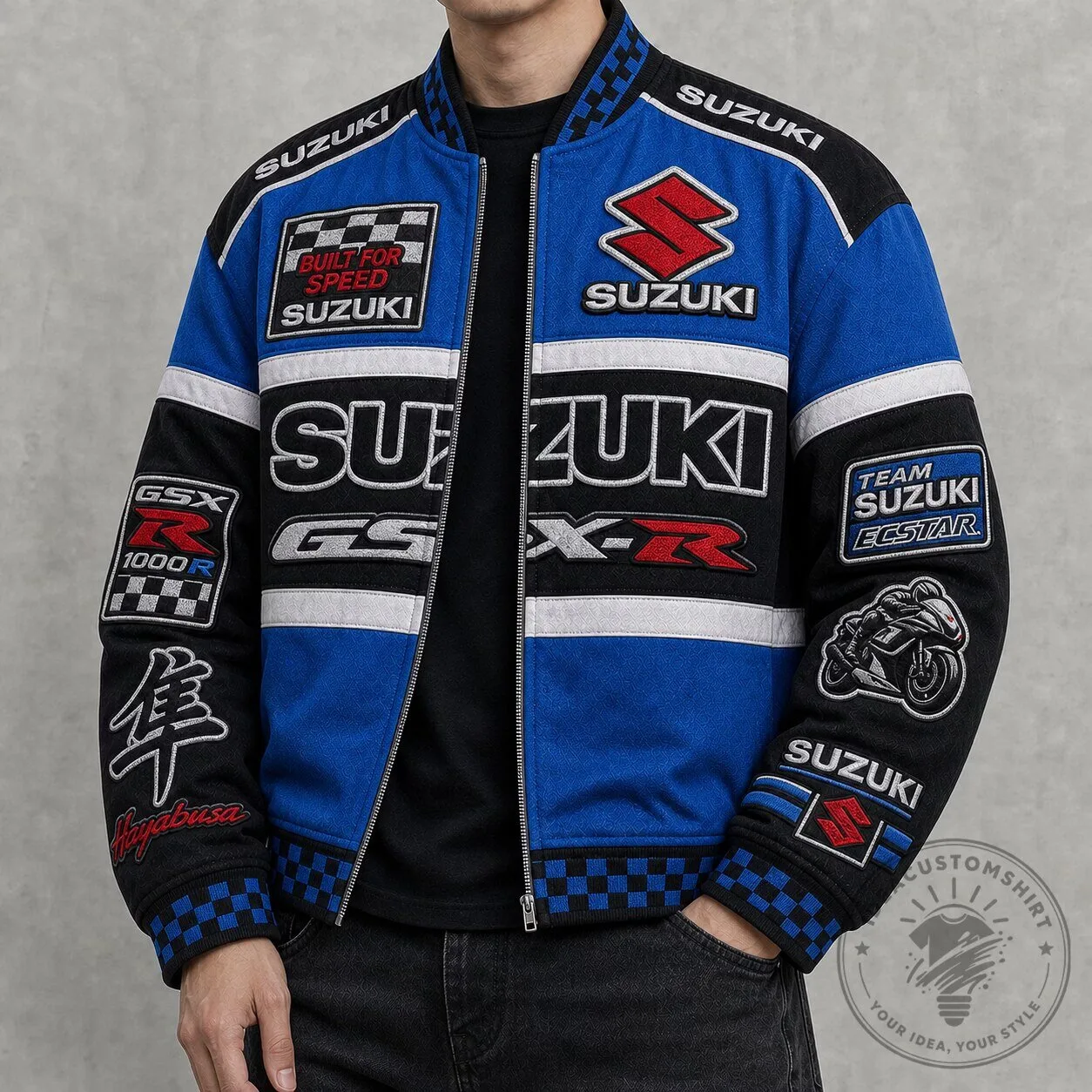 Suzuki Motorcycle Racing Team Blue and Black Bomber Jacket