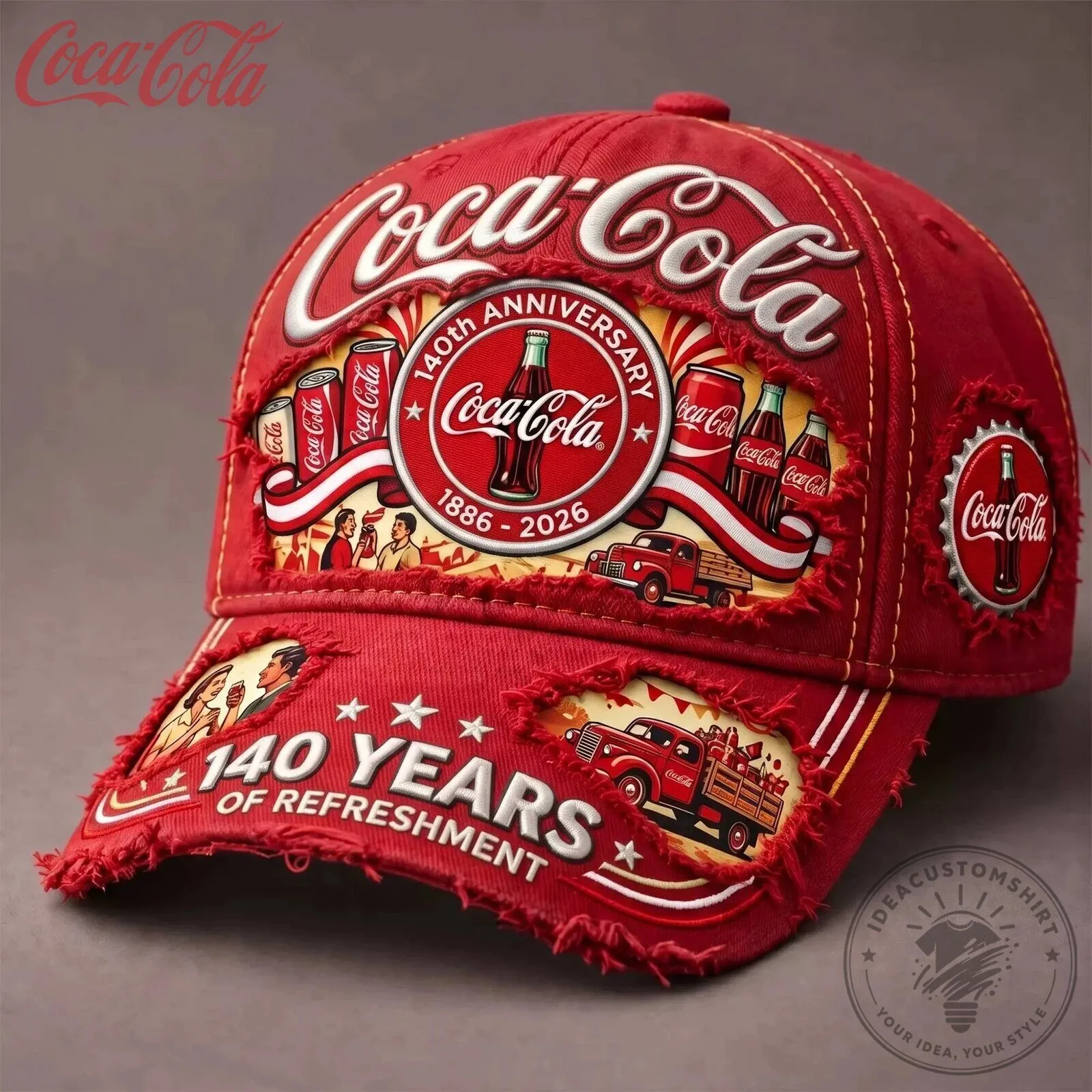Coca-Cola 140th Anniversary Distressed Red Baseball Cap Hat 5 Coca-Cola 140th Anniversary Distressed Red Baseball Cap Hat