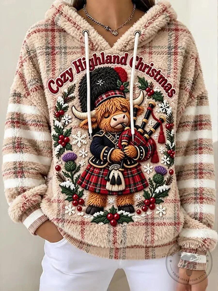Cozy Highland Christmas Scottish Cow Playing Bagpipes Flannel Hoodie