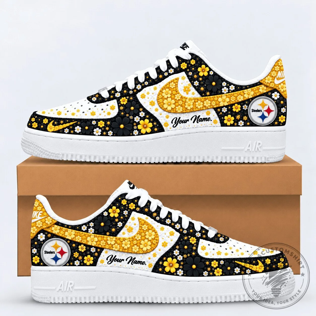 Pittsburgh Steelers Floral Heritage Custom Name White and Gold Sneakers