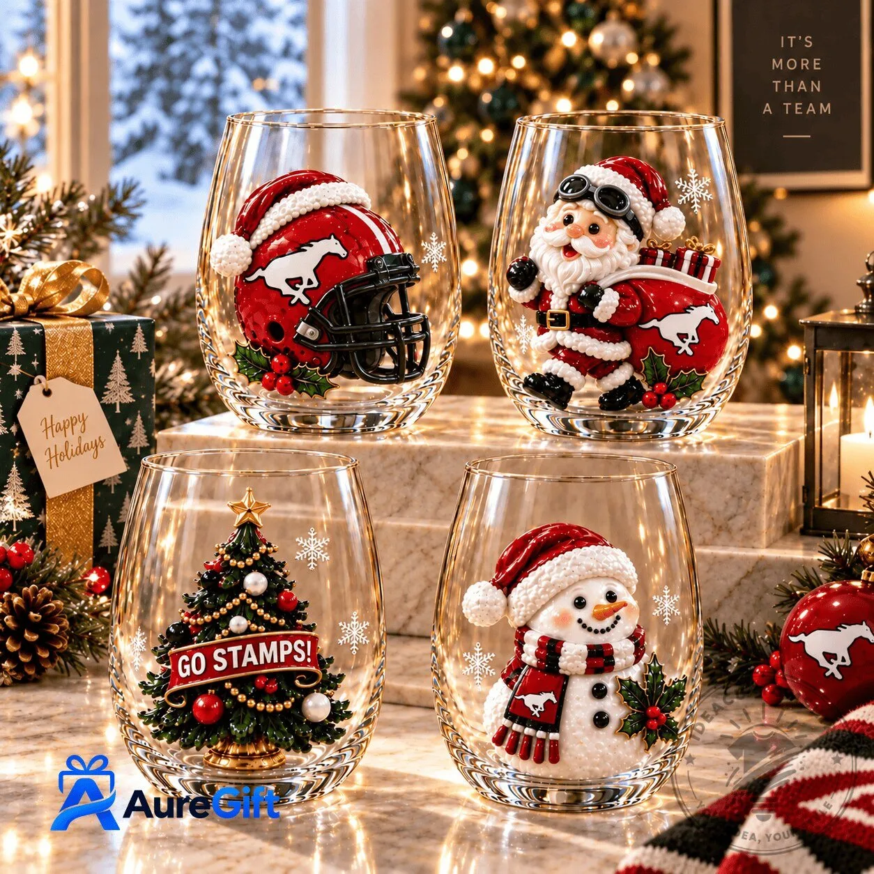 Calgary Stampeders Christmas Holiday Stemless Wine Glass Set of Four 1 Calgary Stampeders Christmas Holiday Stemless Wine Glass Set of Four
