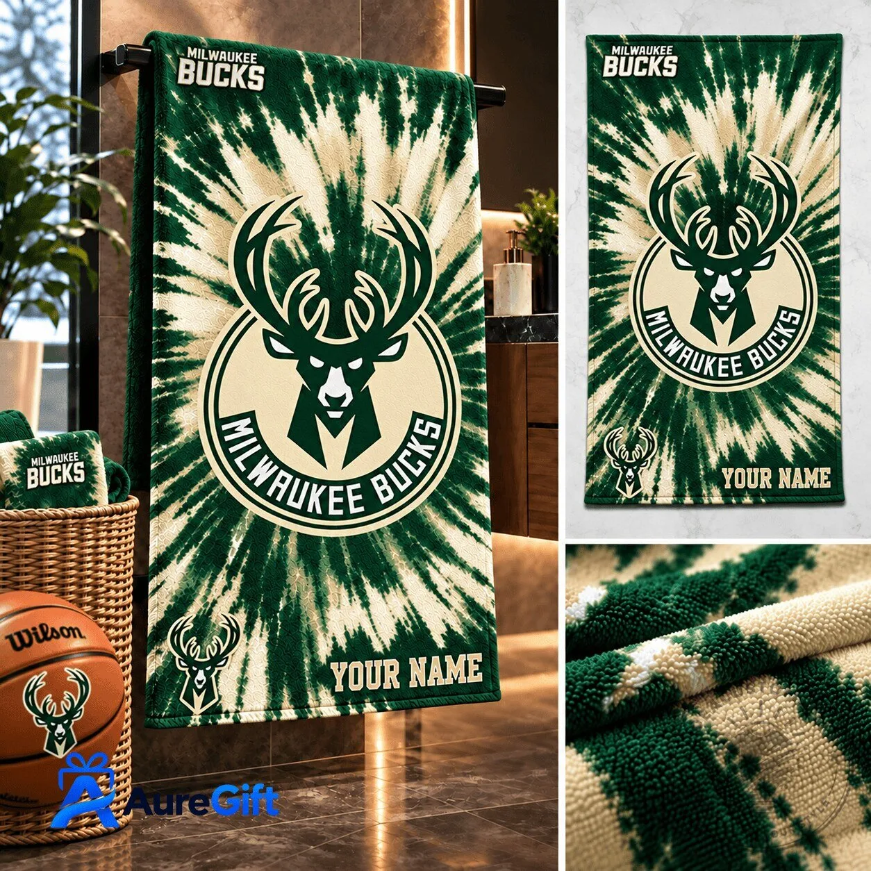 Milwaukee Bucks NBA Game Day Personalized Tie-Dye Bath Towel