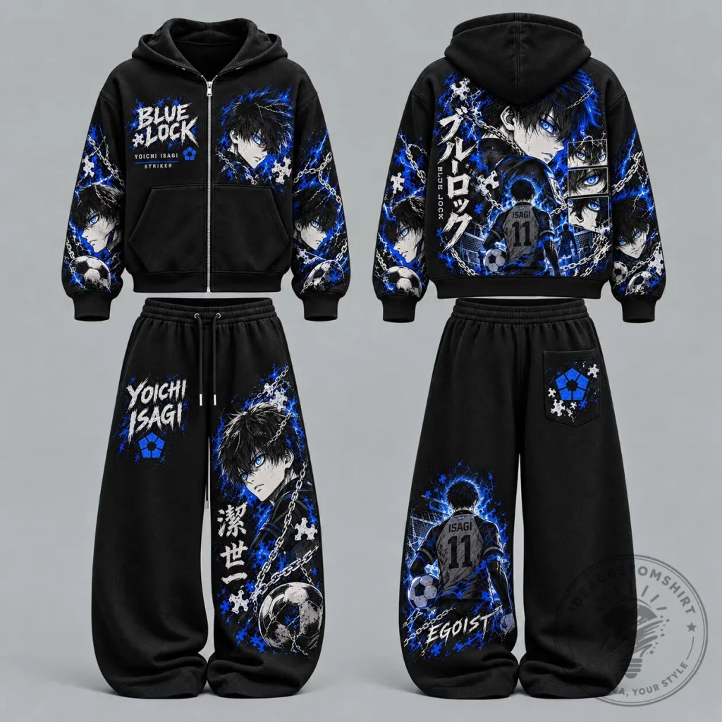 Blue Lock Yoichi Isagi Anime Character Art Black Zip-Up Hoodie Blue Lock Yoichi Isagi Anime Character Art Black Zip-Up Hoodie