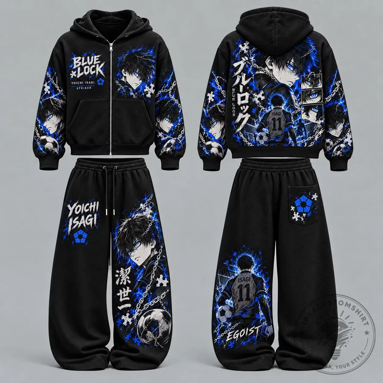 Blue Lock Yoichi Isagi Anime Character Art Black Zip-Up Hoodie