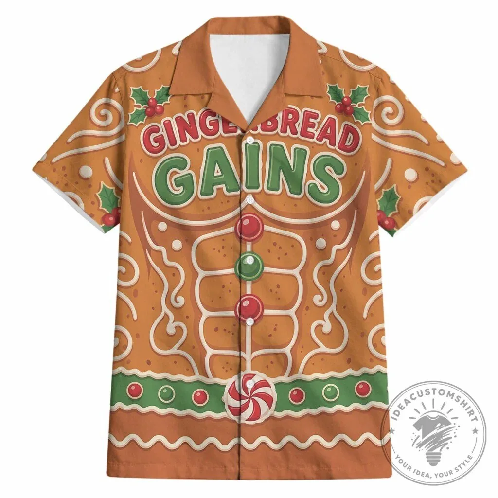 Gingerbread Gains Bodybuilder Funny Christmas Hawaiian Shirt